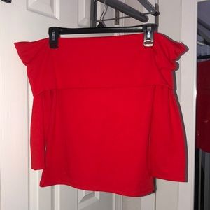 Red off the shoulder top from Anthropologie
